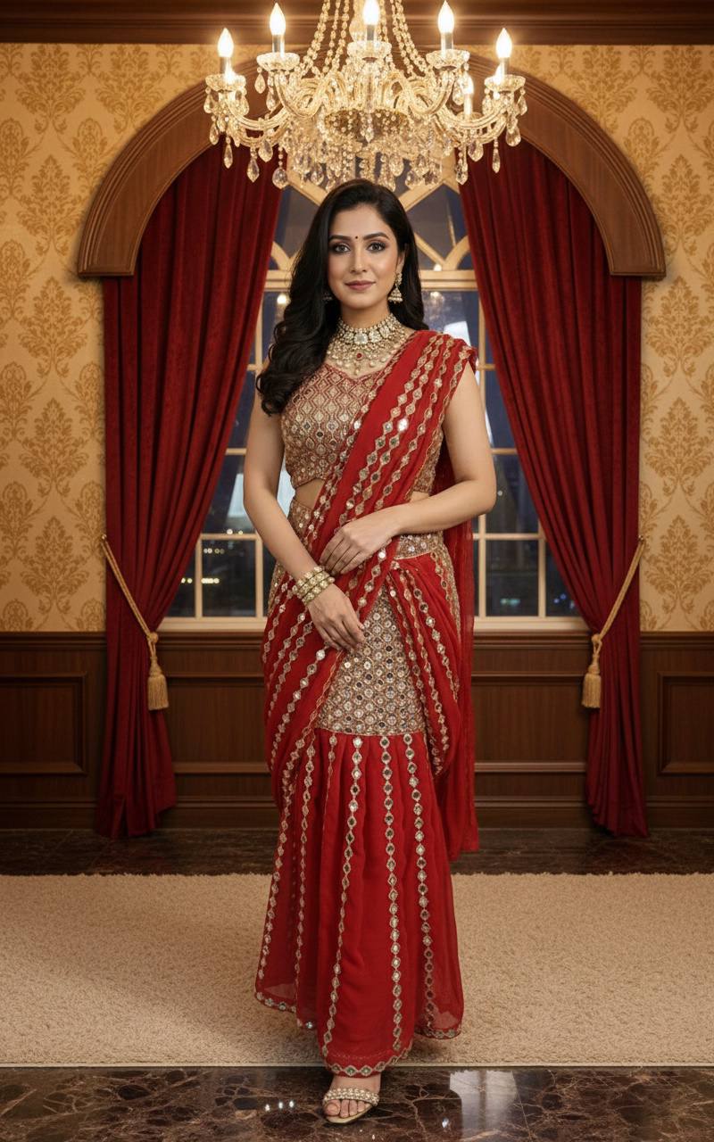 Ready to Wear Faux Georgette Mirror Work Saree with Unstitched Blouse