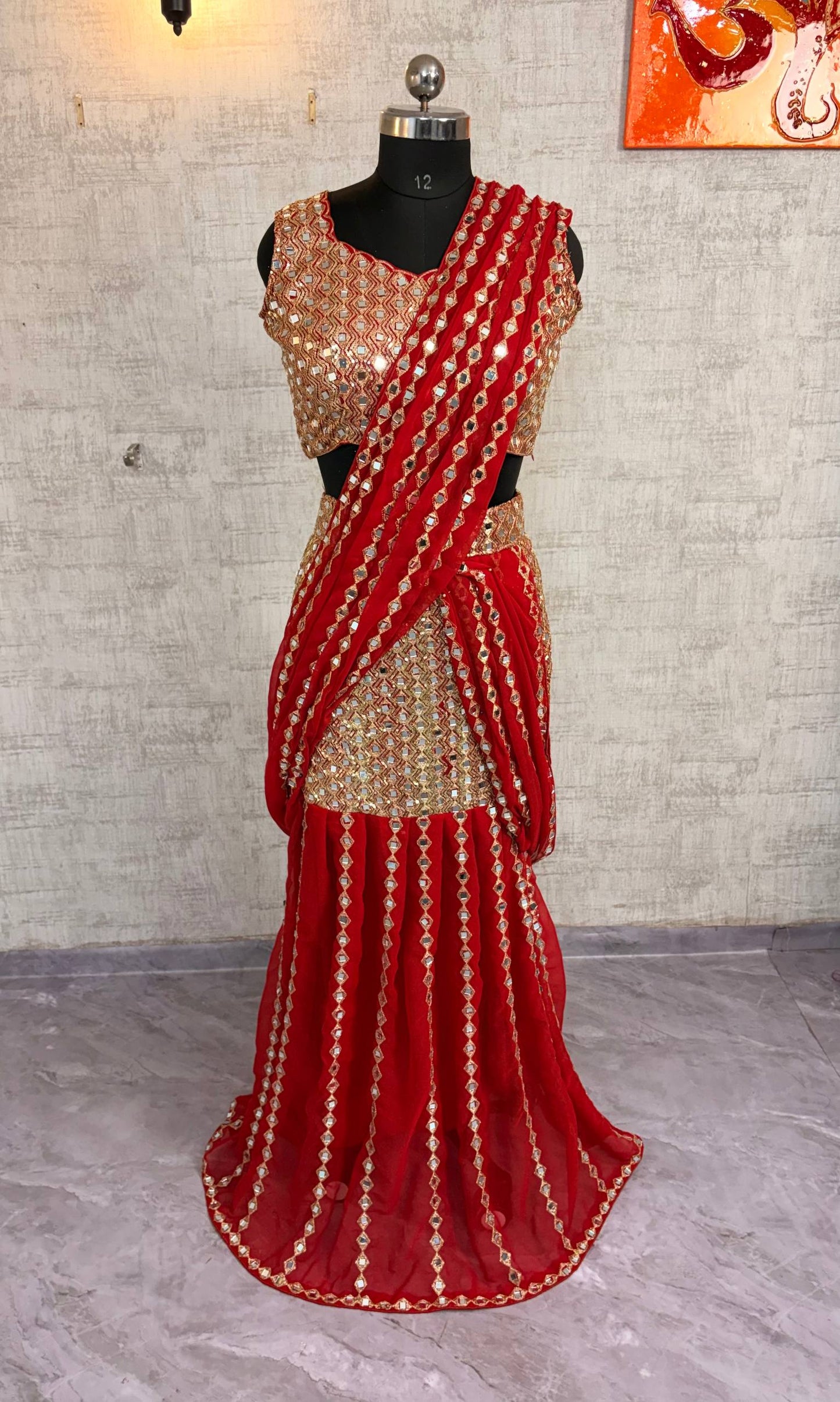 Ready to Wear Faux Georgette Mirror Work Saree with Unstitched Blouse