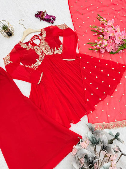 Heavy Fox Georgette Embroidery Sequins Top Palazzo Dupatta Set