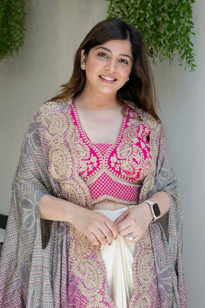 Designer Embroidered Crop Top With Drape Skirt & Cape