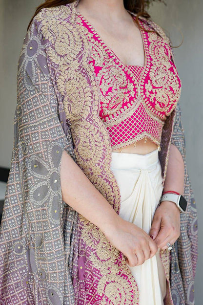 Designer Embroidered Crop Top With Drape Skirt & Cape