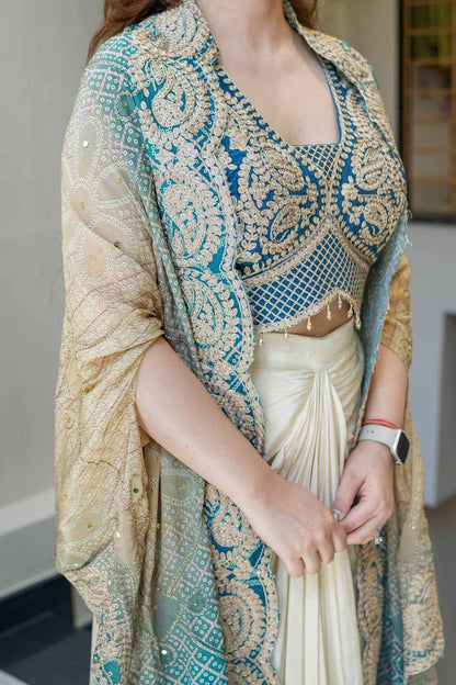 Elegant Embroidered Cape Set With Drape Skirt