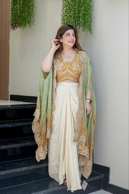 Beautiful Heavy Embroidery Cape With Draped Skirt