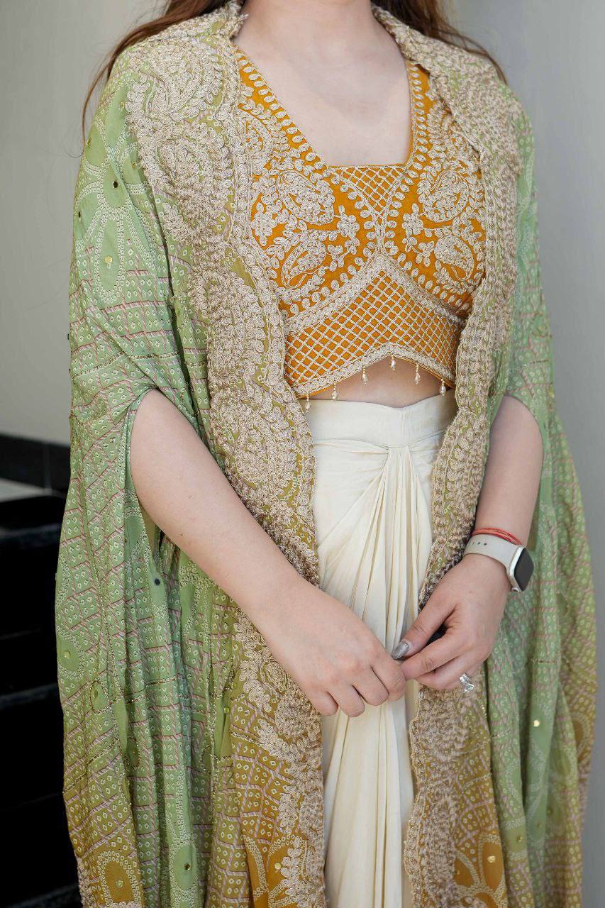 Beautiful Heavy Embroidery Cape With Draped Skirt