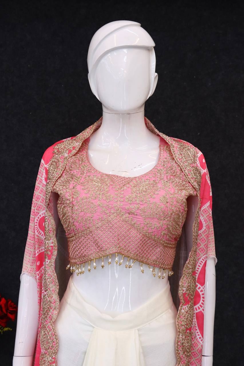 Designer Embroidered Crop Top With Drape Skirt & Cape