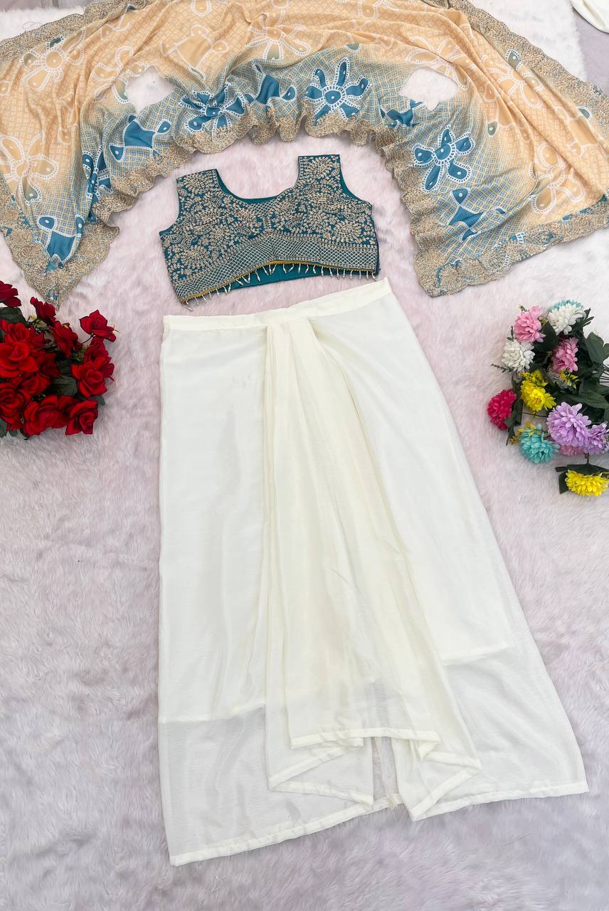 Elegant Embroidered Cape Set With Drape Skirt