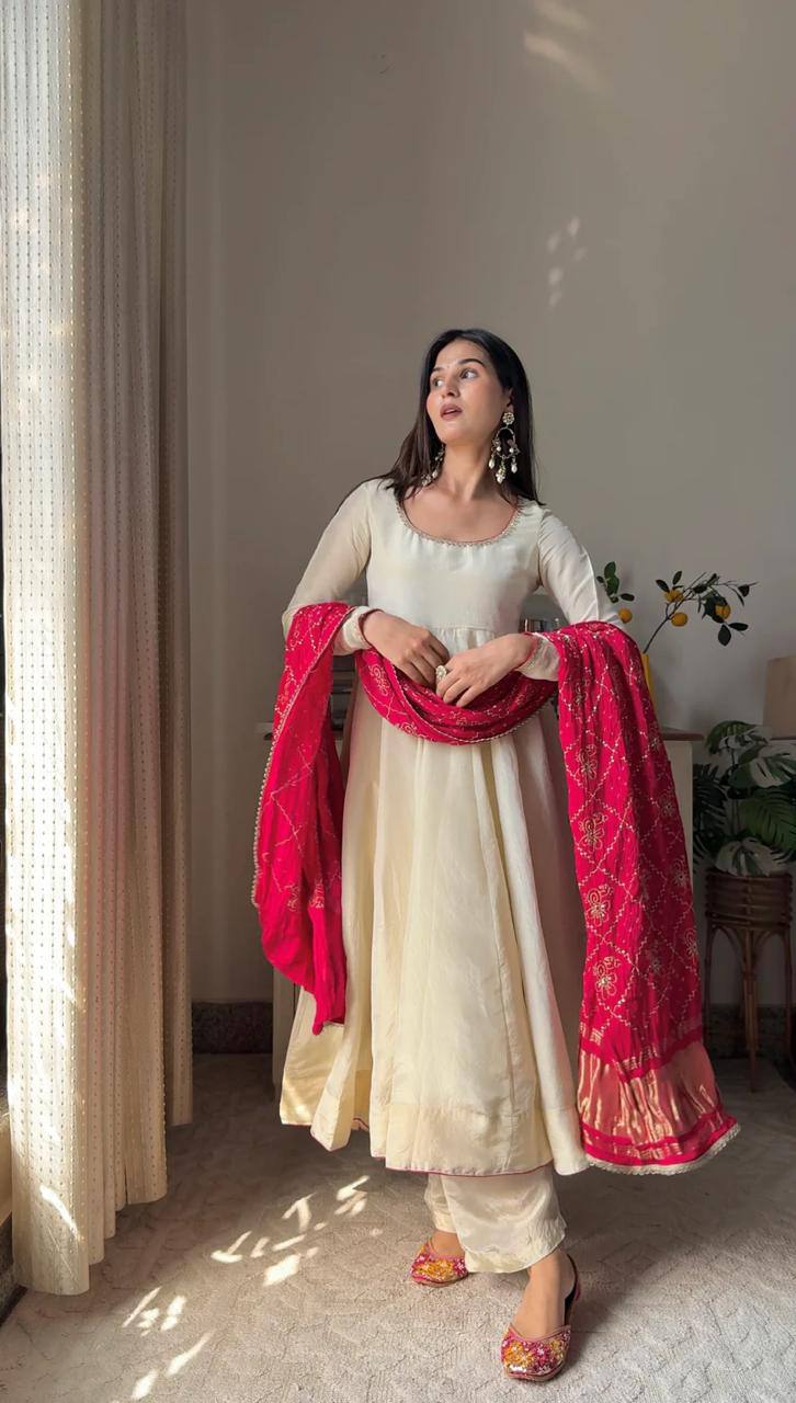 Chinon Silk Cream Gown With Contrast Red Dupatta