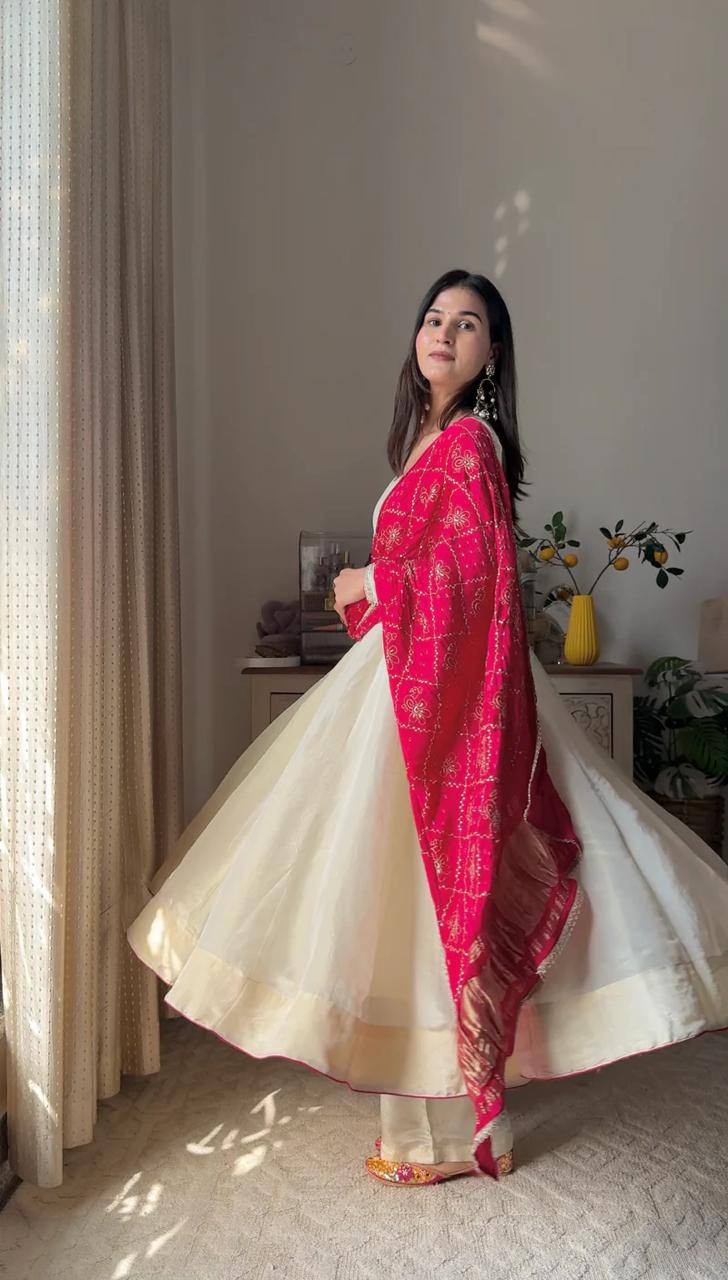 Chinon Silk Cream Gown With Contrast Red Dupatta