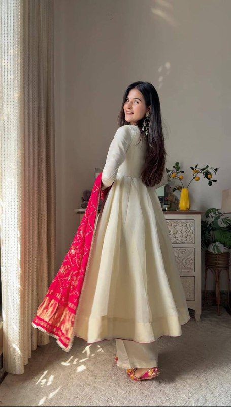 Chinon Silk Cream Gown With Contrast Red Dupatta