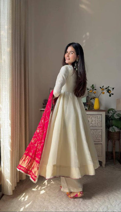 Chinon Silk Cream Gown With Contrast Red Dupatta