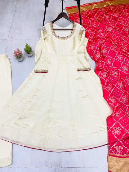 Chinon Silk Cream Gown With Contrast Red Dupatta