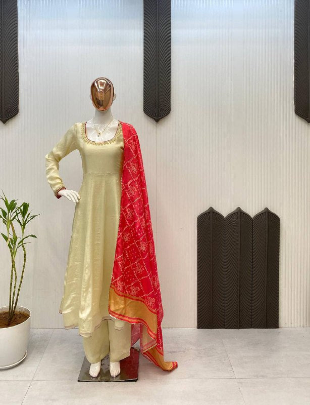 Chinon Silk Cream Gown With Contrast Red Dupatta