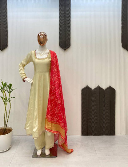 Chinon Silk Cream Gown With Contrast Red Dupatta