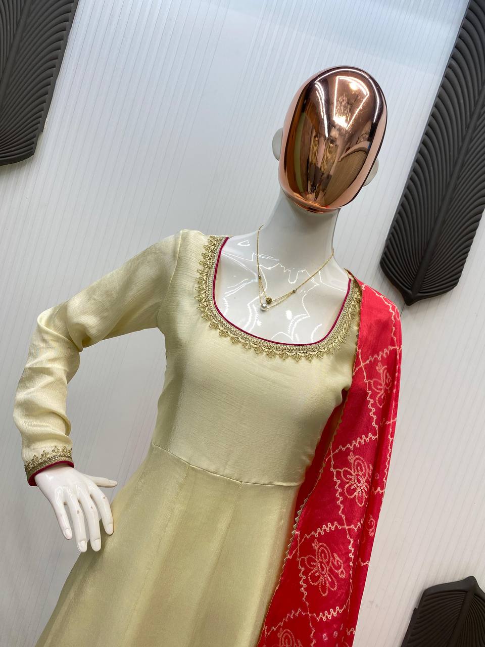 Chinon Silk Cream Gown With Contrast Red Dupatta