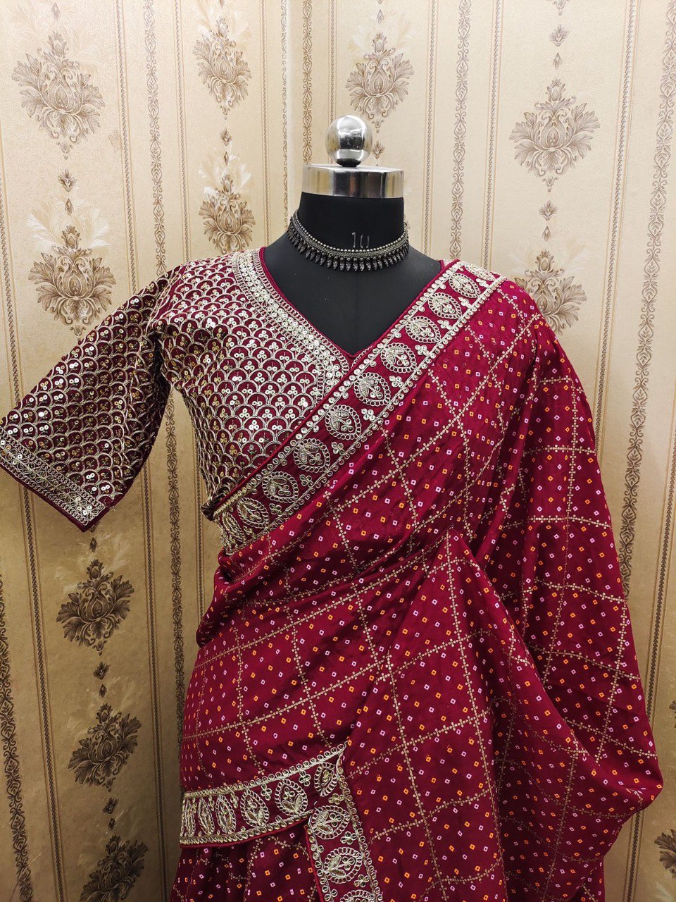 Karwa Chauth Special Maroon Saree With Stitched Blouse