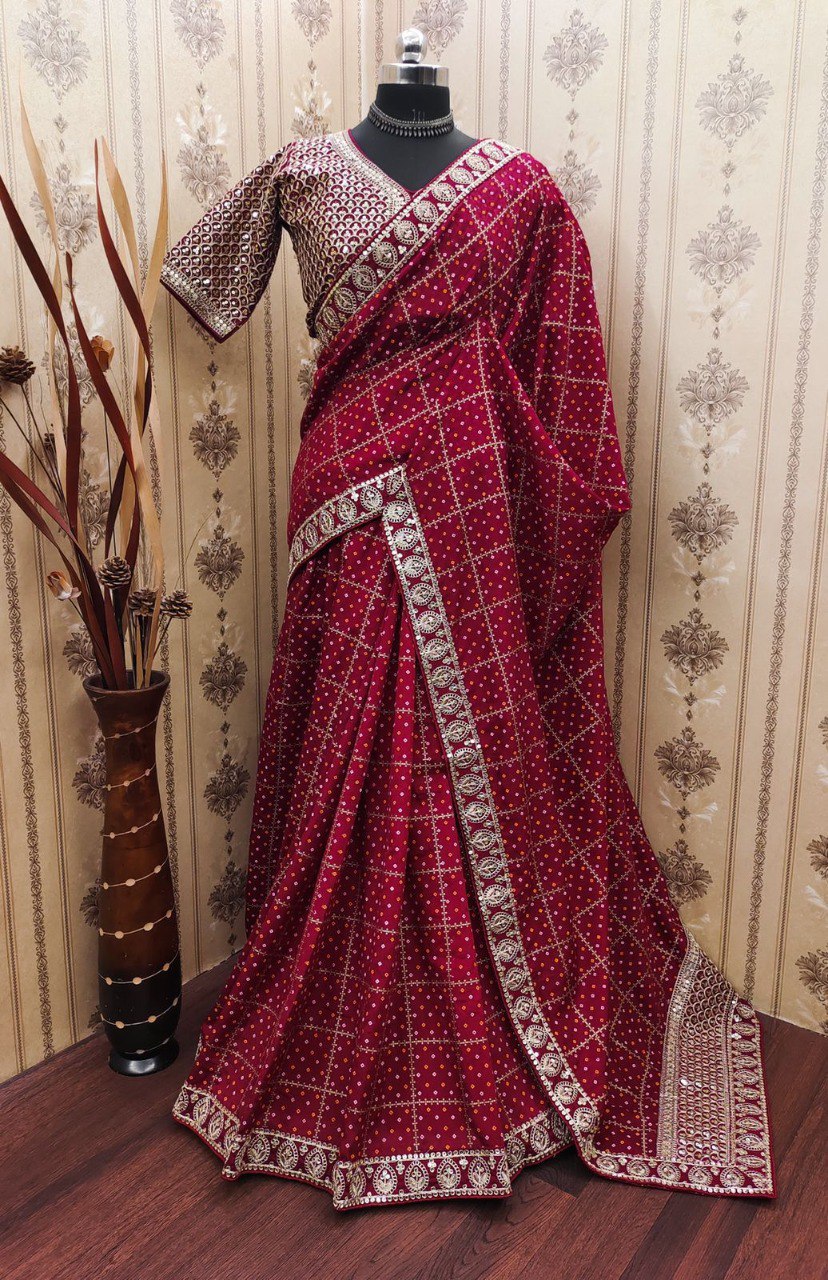 Karwa Chauth Special Maroon Saree With Stitched Blouse