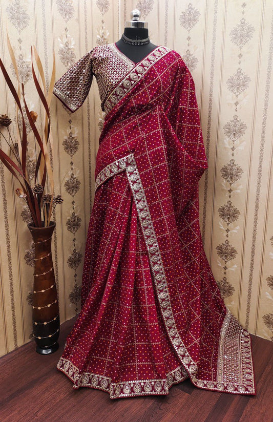 Karwa Chauth Special Maroon Saree With Stitched Blouse