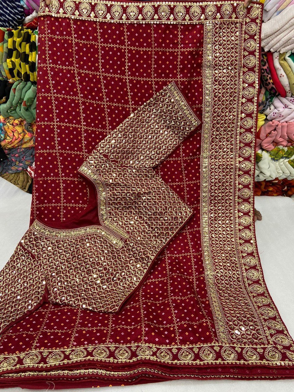 Karwa Chauth Special Maroon Saree With Stitched Blouse