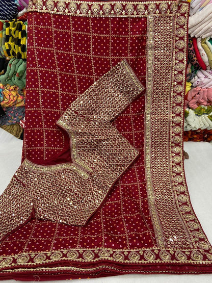 Karwa Chauth Special Maroon Saree With Stitched Blouse