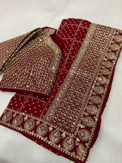 Karwa Chauth Special Maroon Saree With Stitched Blouse
