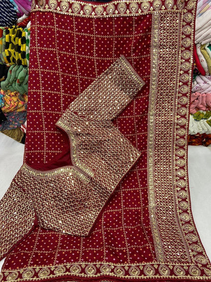 Karwa Chauth Special Maroon Saree With Stitched Blouse