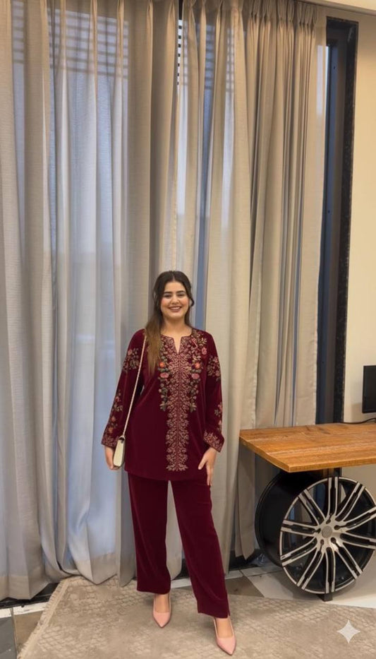 Elegant Velvet Embroidery Top And Palazzo Set for Women