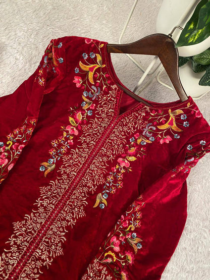 Elegant Velvet Embroidery Top And Palazzo Set for Women