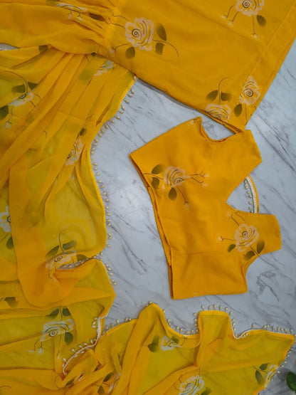 Premium Georgette Lehenga Saree with Pearl Lace & Dupatta