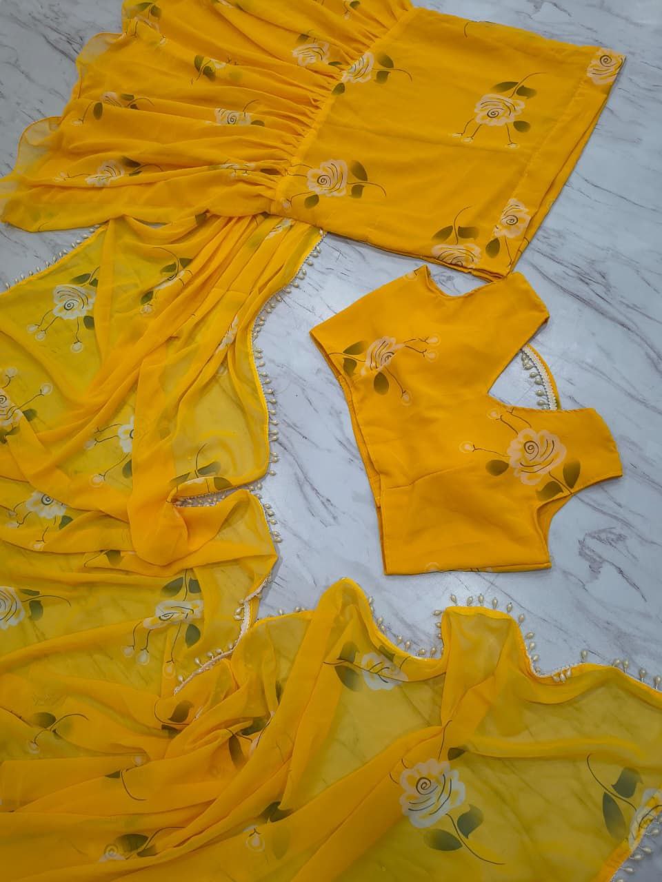 Premium Georgette Lehenga Saree with Pearl Lace & Dupatta