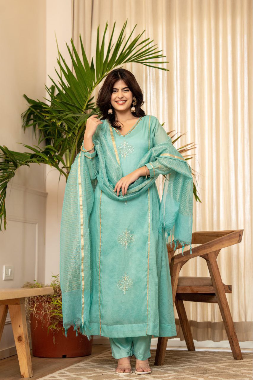 Premium Turquoise Mul Chanderi Kurti Pant Dupatta Set