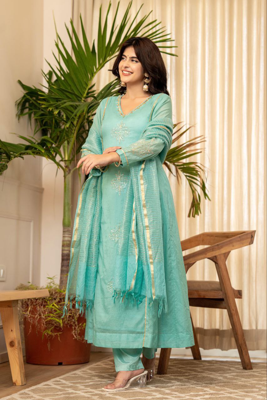 Premium Turquoise Mul Chanderi Kurti Pant Dupatta Set