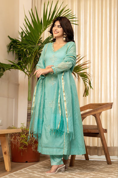 Premium Turquoise Mul Chanderi Kurti Pant Dupatta Set