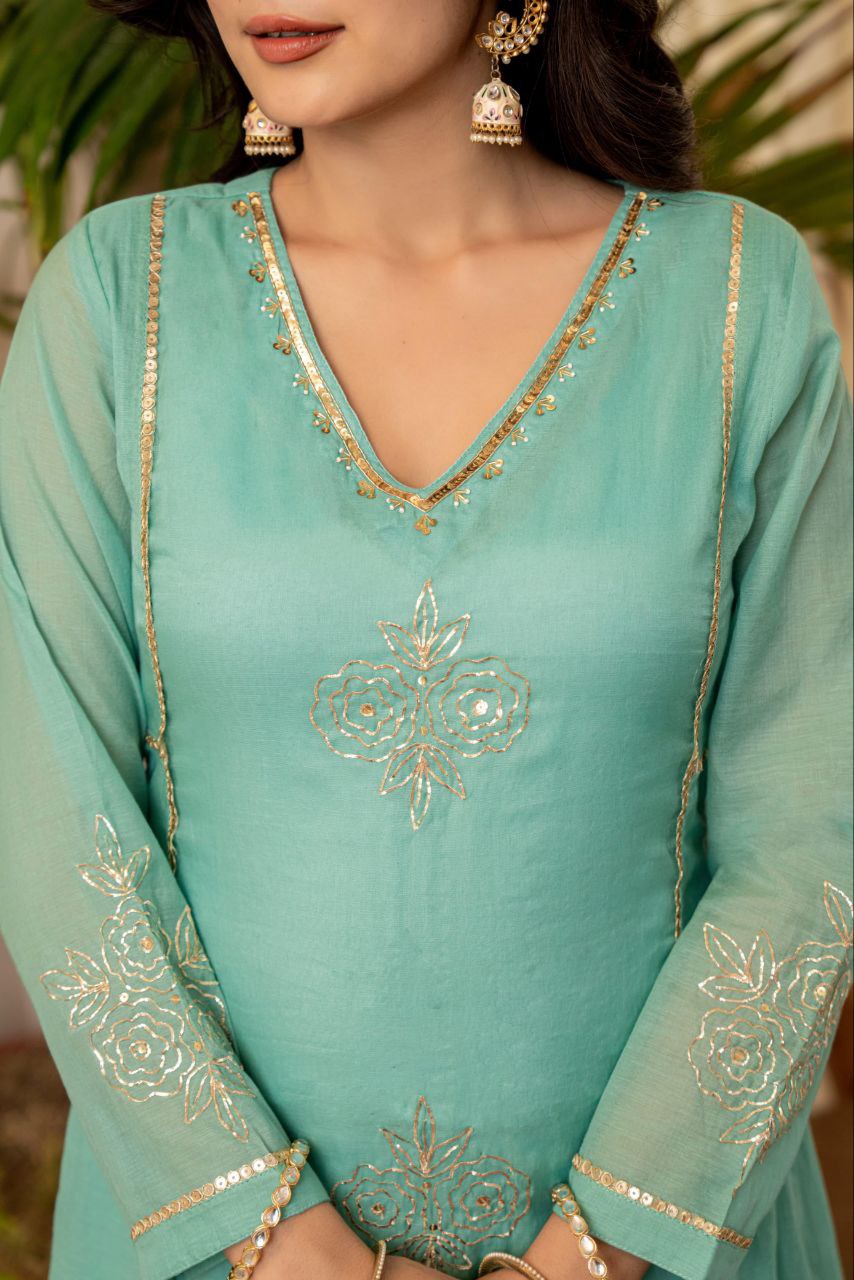 Premium Turquoise Mul Chanderi Kurti Pant Dupatta Set