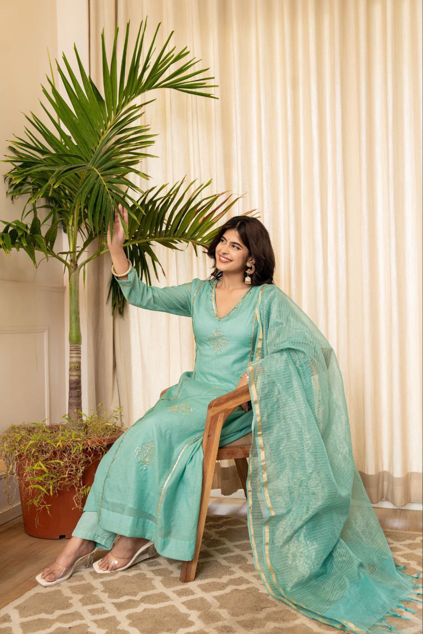 Premium Turquoise Mul Chanderi Kurti Pant Dupatta Set