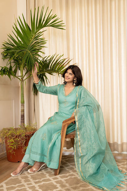 Premium Turquoise Mul Chanderi Kurti Pant Dupatta Set