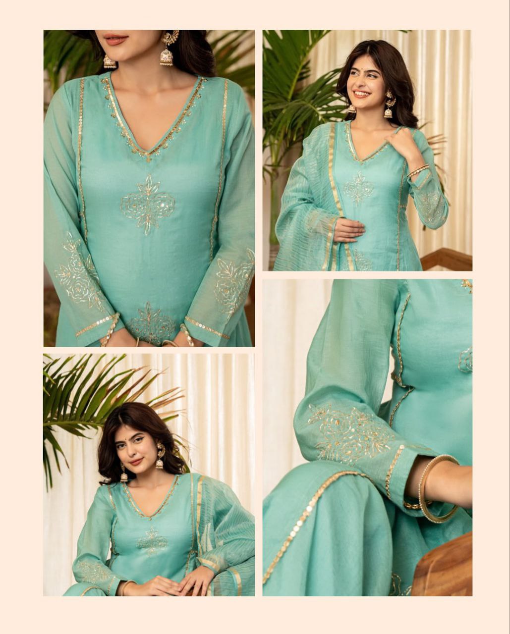 Premium Turquoise Mul Chanderi Kurti Pant Dupatta Set