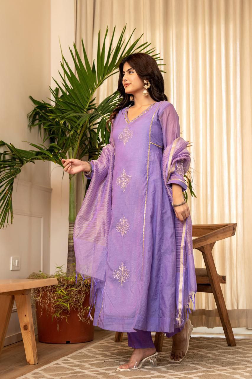 A Line Lavender Mul Chanderi Kurti Pant Dupatta Set