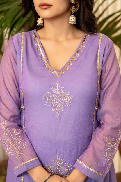 A Line Lavender Mul Chanderi Kurti Pant Dupatta Set