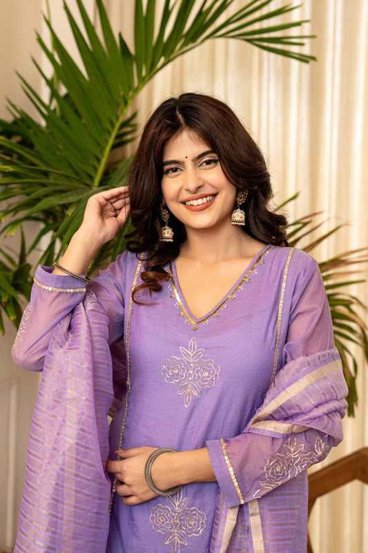 A Line Lavender Mul Chanderi Kurti Pant Dupatta Set