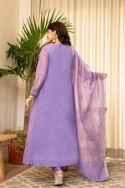 A Line Lavender Mul Chanderi Kurti Pant Dupatta Set