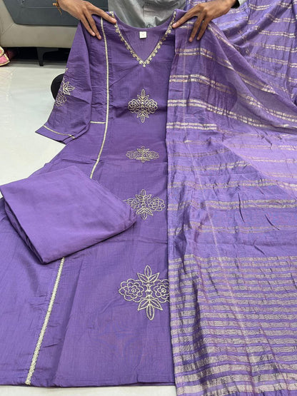 A Line Lavender Mul Chanderi Kurti Pant Dupatta Set