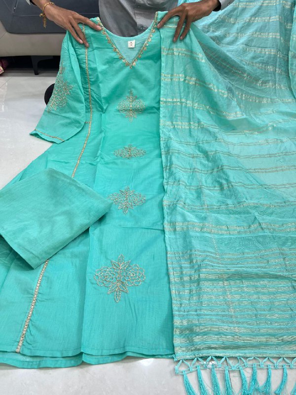 Premium Turquoise Mul Chanderi Kurti Pant Dupatta Set