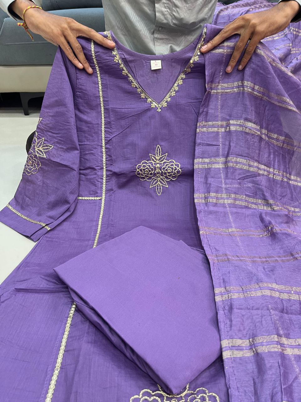 A Line Lavender Mul Chanderi Kurti Pant Dupatta Set