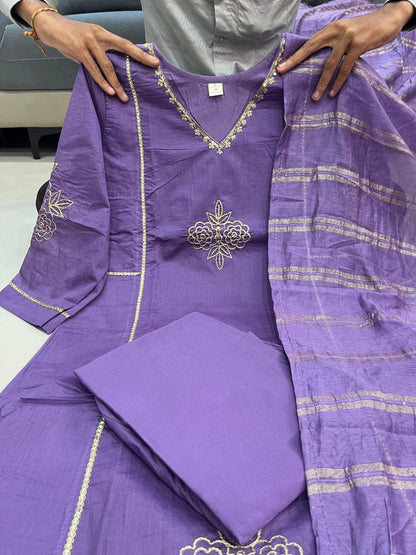 A Line Lavender Mul Chanderi Kurti Pant Dupatta Set