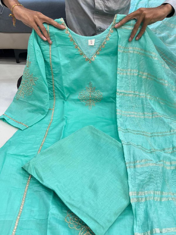 Premium Turquoise Mul Chanderi Kurti Pant Dupatta Set