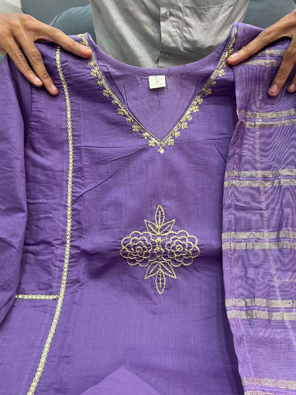 A Line Lavender Mul Chanderi Kurti Pant Dupatta Set