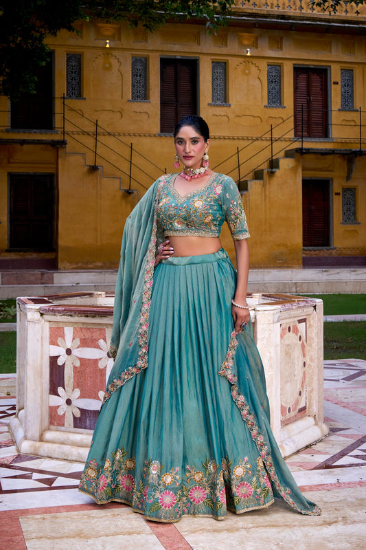 Designer Teal Lehengas with Hand-Embroidered Florals