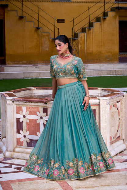 Designer Teal Lehengas with Hand-Embroidered Florals