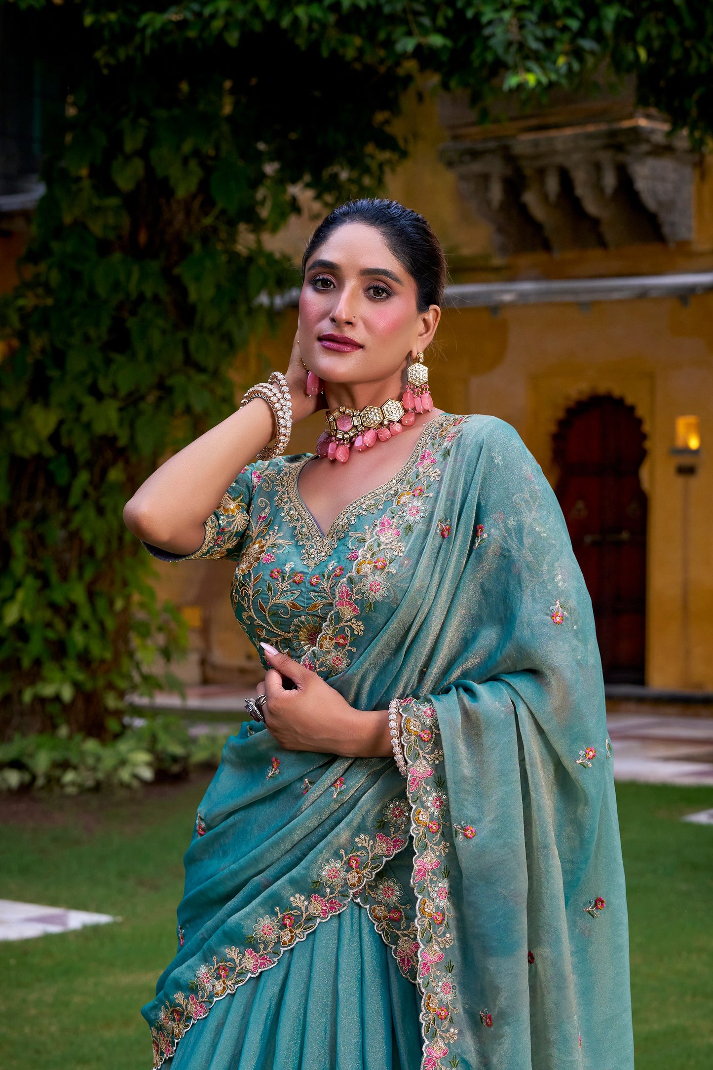 Designer Teal Lehengas with Hand-Embroidered Florals