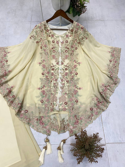 Faux Georgette Sequence Embroidery Top Plazzo with Shrug